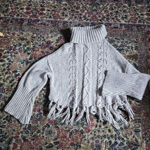Cozy Pale Pink Grey Cowl Neck Sweater Bell Sleeve Fringe Trim Small